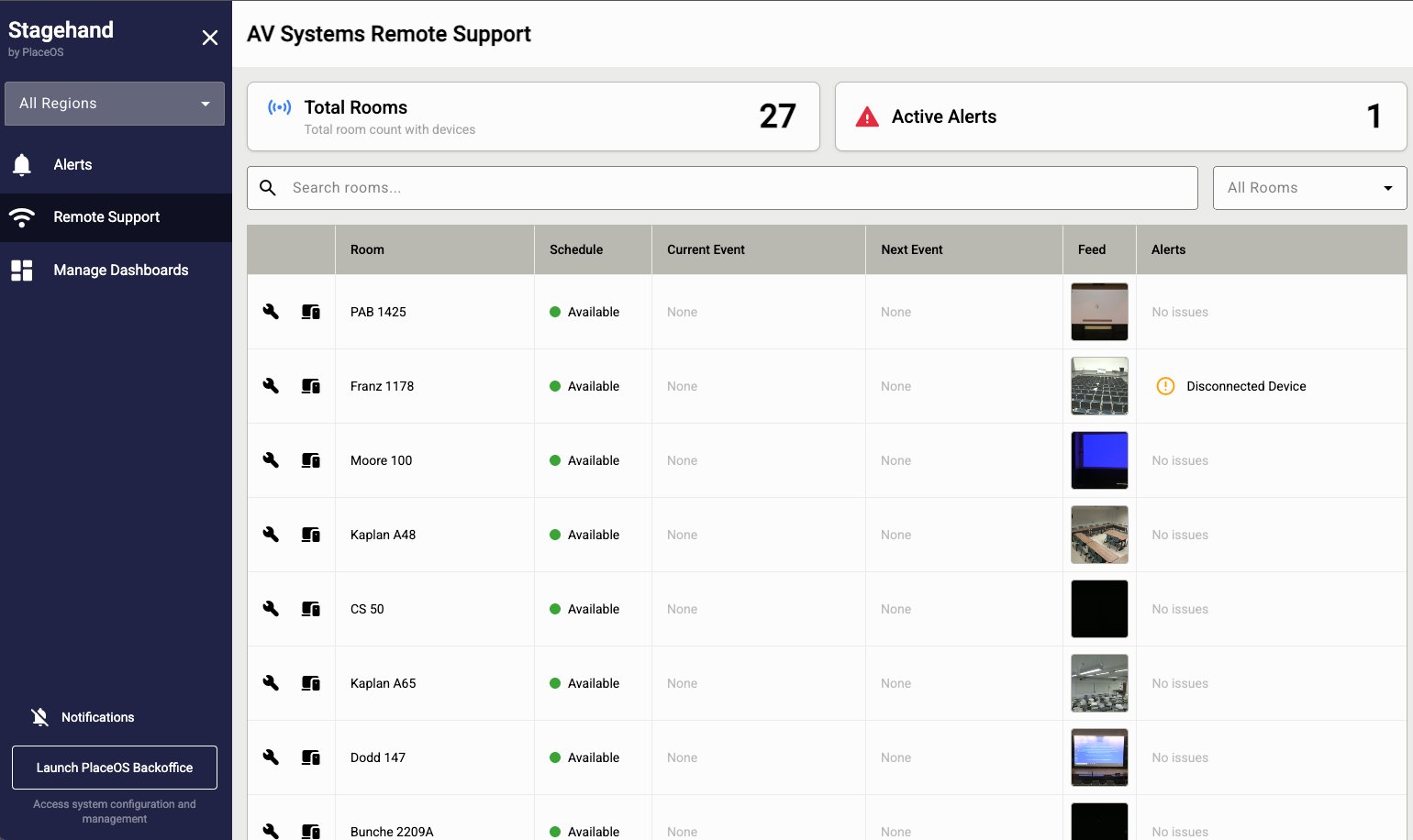 StageHand AV control interface showing one-touch meeting controls and room automation