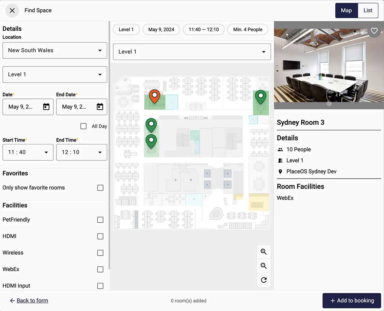 placeos room booking basic app find a space