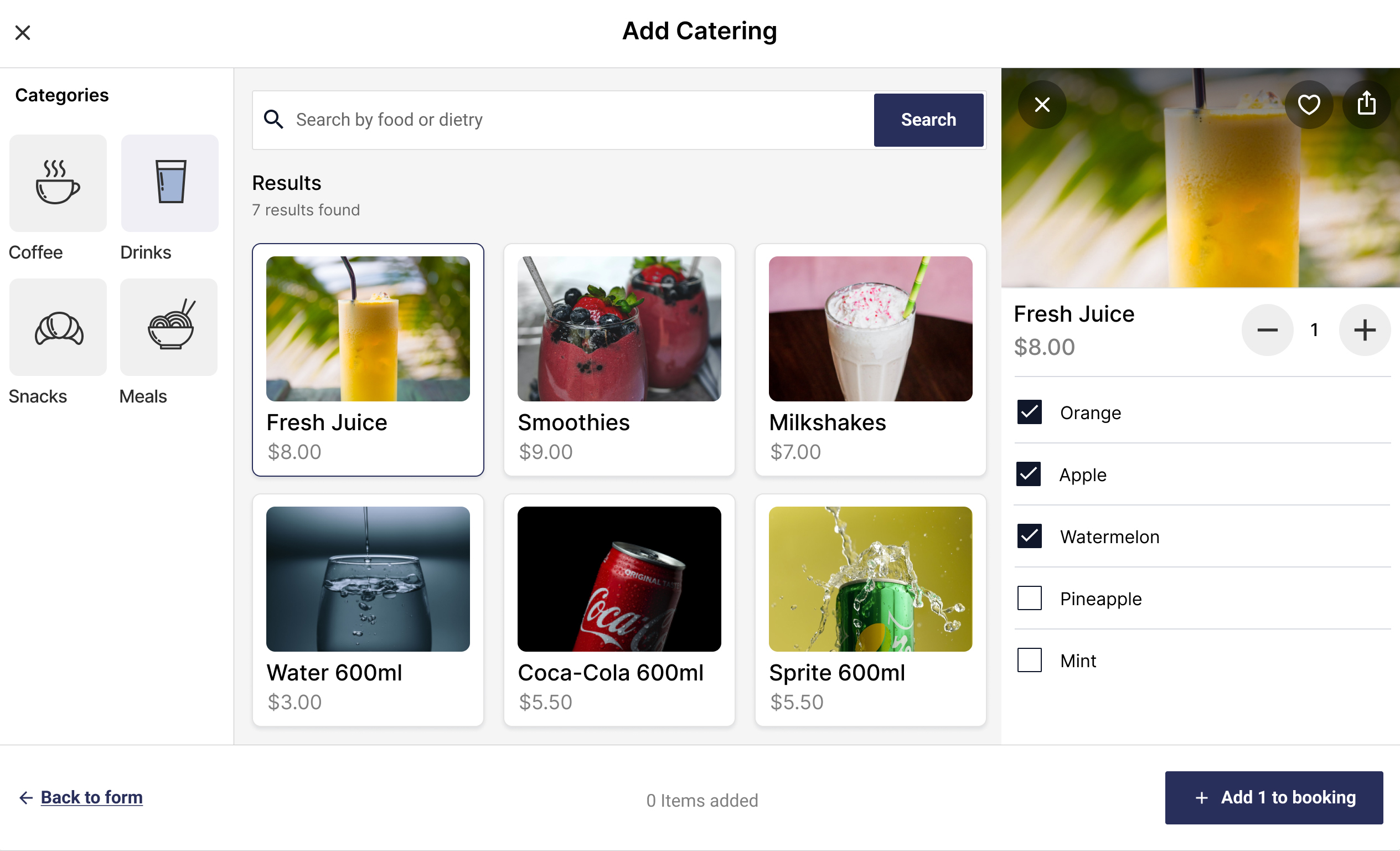 catering for meeting room booking app interface