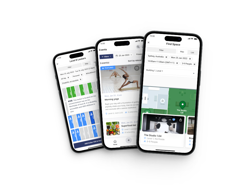 Three iphones with workmate app interfaces on screen