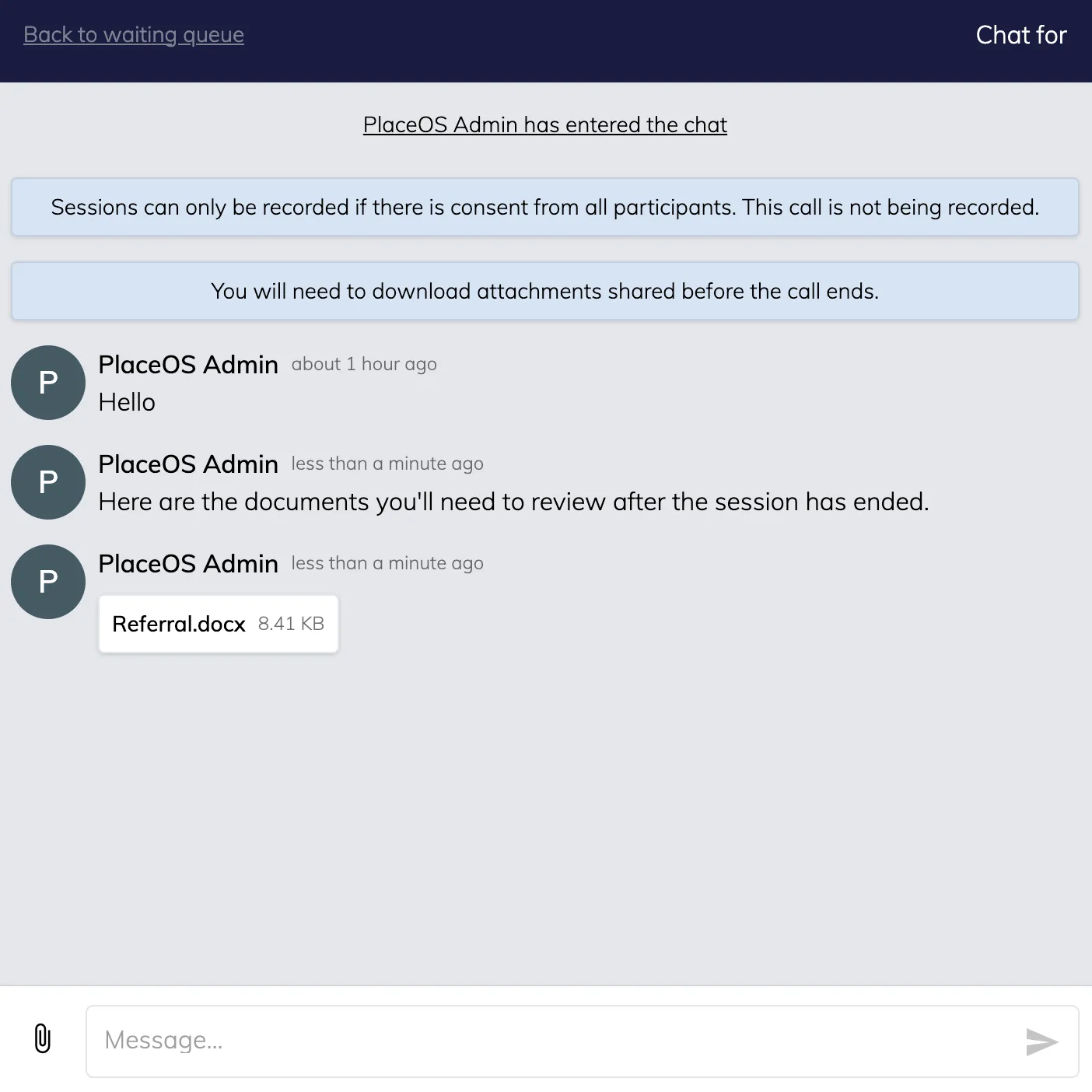 chat room for placeos telehealth interface
